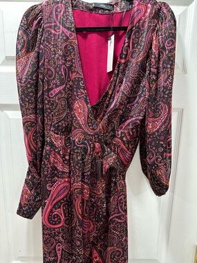 Mango Long-Sleeve Paisley Wrap Dress in Pink and Black